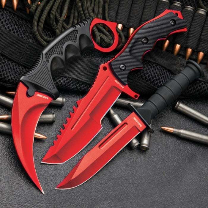 7pc Tactical BLACK Set BOWIE Fixed Blade THROWING KNIVES Pocket Knife  KARAMBIT