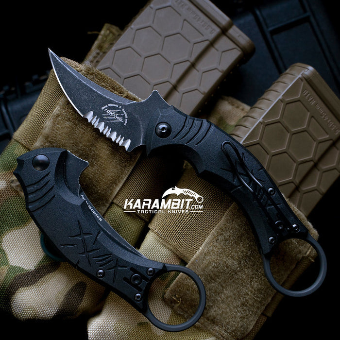 Bastinelli Dark Stonewashed Serrated Folding Black Mako Karambit (BAS18S)