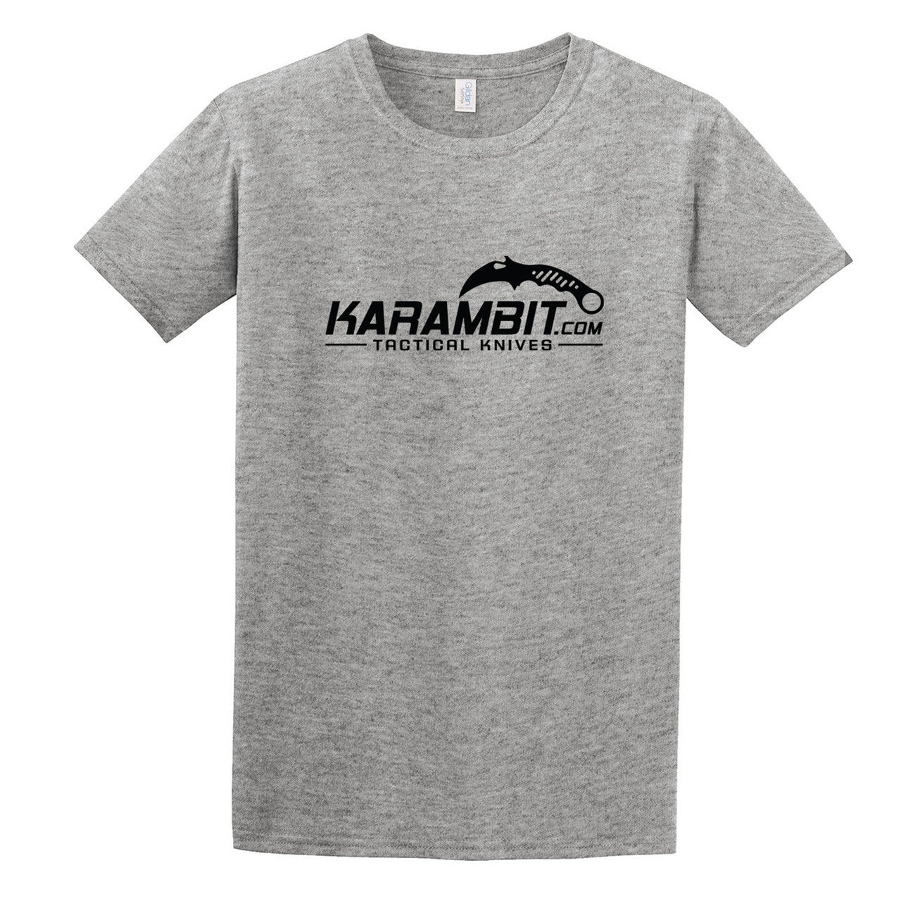 Karambit.com Softstyle® T-Shirt, Color: Sport Grey, front of shirt w/ Karambit.com black logo. (KbitlogoSoftstyleTee-SportGrey)