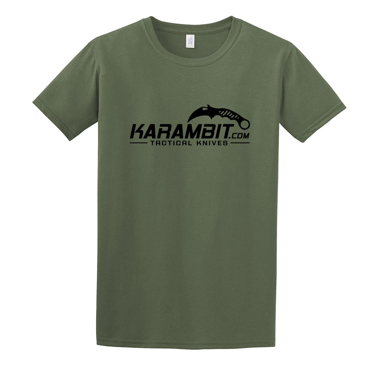 Karambit.com Softstyle® T-Shirt, Color: Military Green, front of shirt w/ Karambit.com black logo. (KbitlogoSoftstyleTee-MilGrn)