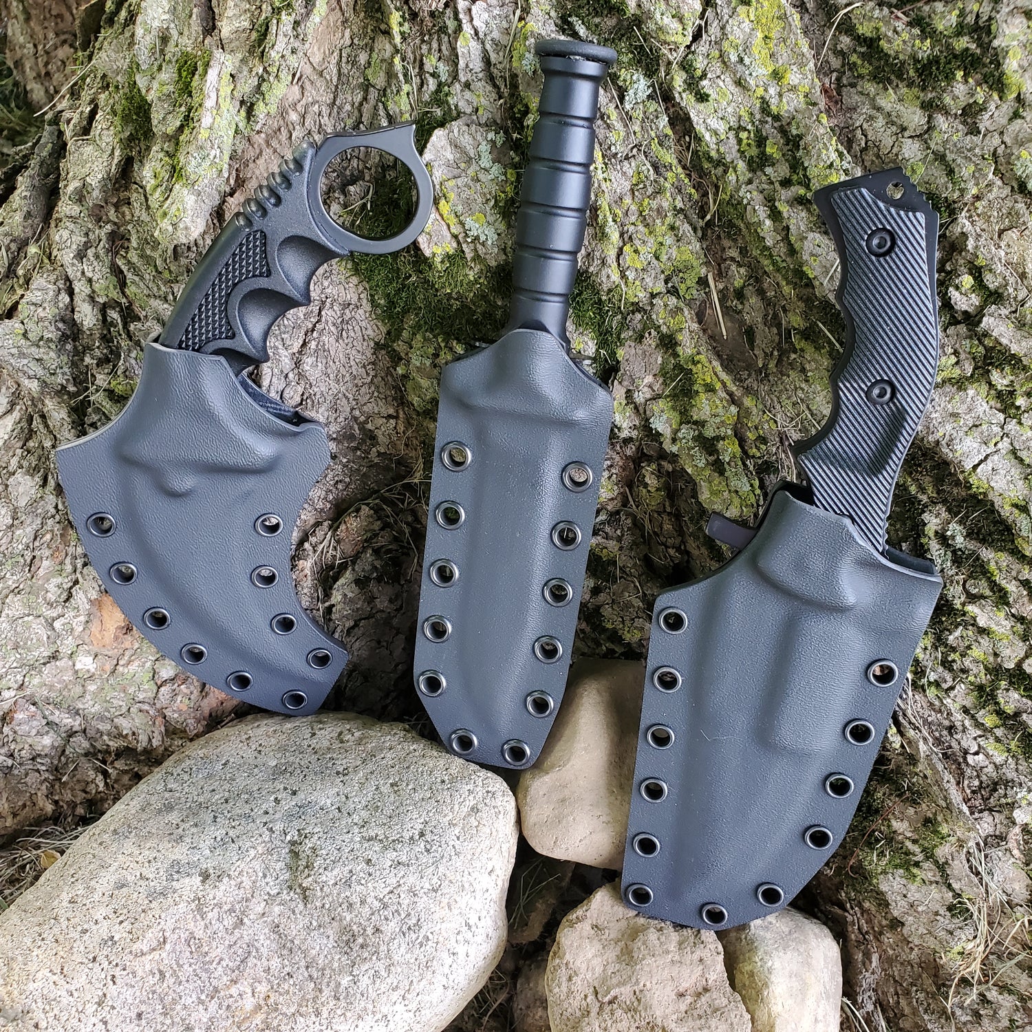 Black Fixed Blade Knife Set with Custom Sheaths