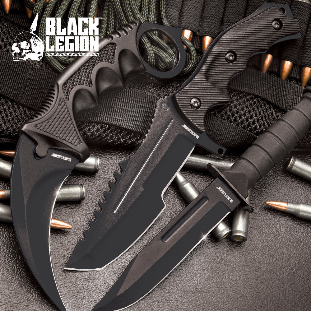 MTech Black Fixed Blade Knife Set | Karambit, Huntsman & Combat (17 BV445)