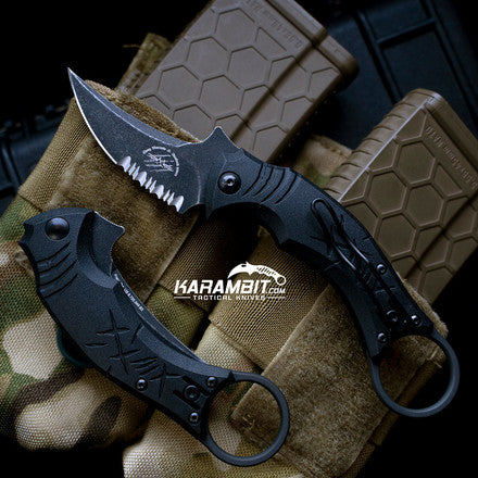 Bastinelli Dark Stonewashed Serrated Folding Black Mako Karambit